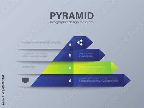 Pyramid infographic template with four steps, list, levels diagram. Triangle segmented layout for presentation.