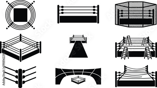 Sammlung von neun schwarzen Silhouetten von Box-, Wrestling- und MMA-Kampfringen aus verschiedenen Perspektiven.