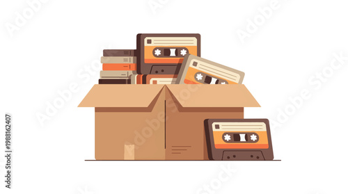 Box Full of Audio Cassette Tapes - Retro Analog Recording Flat Vector Illustration