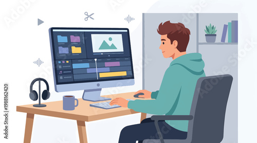 Content Creator Editing Video on Computer - Flat Vector Digital Creative Workspace Illustration
