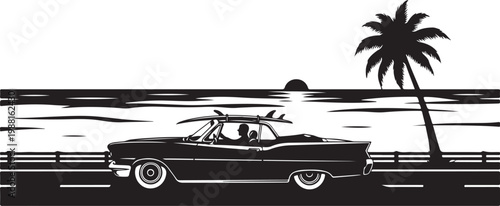Vintage convertible car, palm tree, beach road, black and white vector illustration, retro style