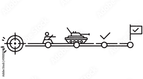 Military strategy roadmap icon vector illustration showing mission progress from target to objective flag