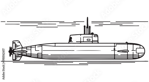 Military submarine line art illustration navigating underwater for naval and maritime design