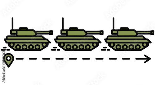 Military tanks advancing along a route with map pin and arrow flat design vector illustration for logistics and deployment concepts