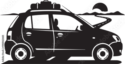 Black car silhouette, travel vehicle icon, road trip transportation, luggage on roof