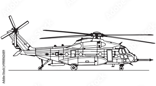 Military transport helicopter line art vector illustration for coloring book and technical aviation design