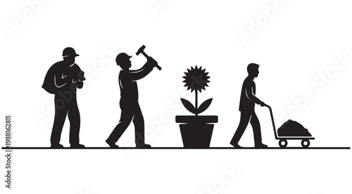 Construction workers and gardener silhouettes nurturing a large potted flower vector illustration for growth and development concepts