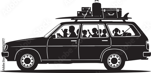 Family road trip, vacation travel, car silhouette, luggage on roof rack, vector illustration