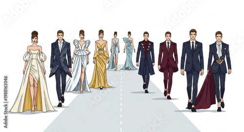 Fashion Models Showcase Extravagant Designer Outfits on Runway.