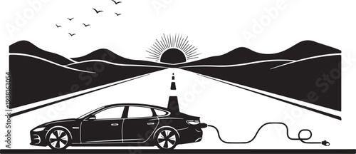 Electric car charging, eco friendly vehicle, sustainable transport, black and white vector