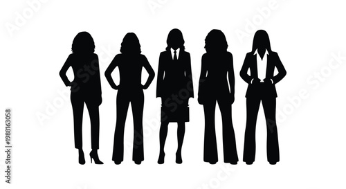 Five confident businesswomen standing in a row silhouettes in modern office professional setting