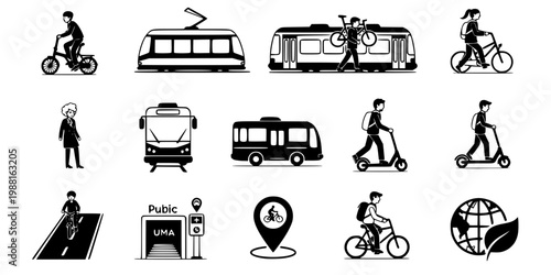 Multimodal Commuter with Folding Bike on Tram Silhouette