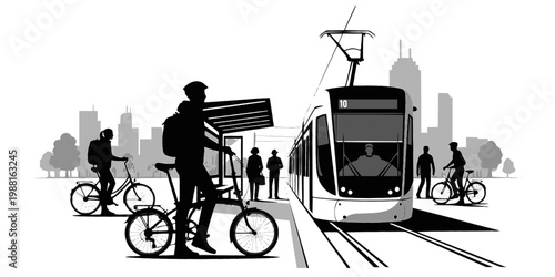 Multimodal Commuter with Folding Bike on Tram Silhouette
