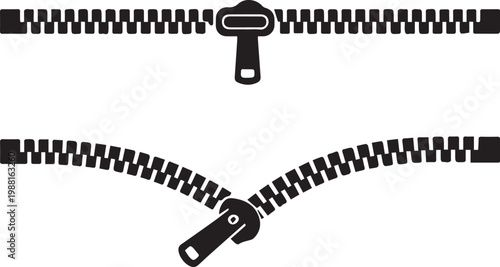Black and White Zipper Icon - Open and Closed State Vector Illustration Vector