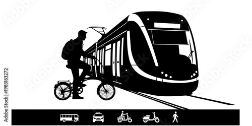 Multimodal Commuter with Folding Bike on Tram Silhouette
