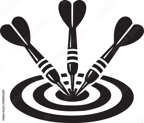 Three Darts Hitting Bullseye Target - Precision and Accuracy Illustration Vector