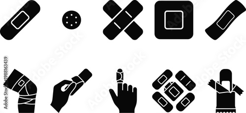 Sammlung von schwarzen Silhouetten-Icons für Pflaster und medizinische Verbände.