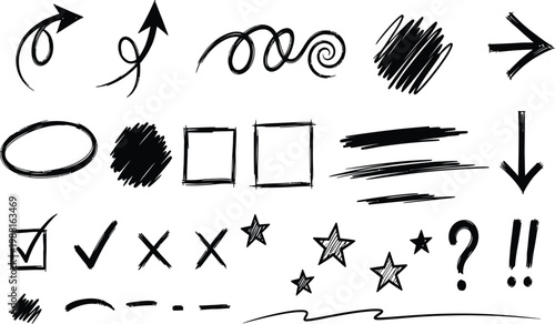 hand-drawn black and white icons set for decision making and problem solving