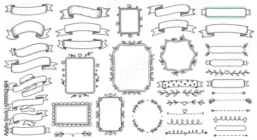 Collection of Hand Drawn Decorative Ribbons Frames and Flourishes.