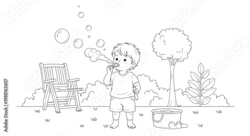 Young boy blowing bubbles in a garden with a deck chair and a tree deckchair recreation childhood activity blowingbubbles innocent domestic backyard childcare nurturing peaceful relaxing
