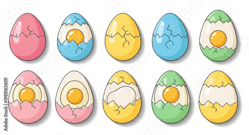 Collection of colorful easter eggs with cracked shells and visible yolks.