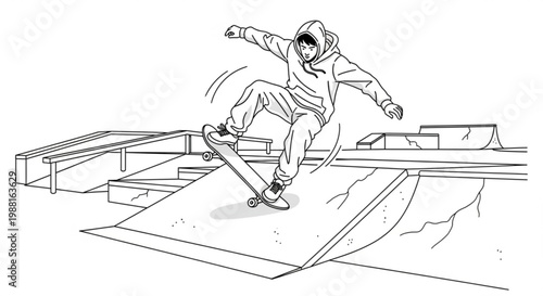 Monochrome linear illustration of a young man in a hoodie performing a skateboard jump trick on a ramp at an outdoor urban skate park with rails skateboard skateboarding concrete exercise