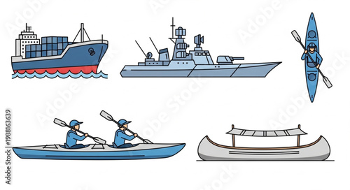 Collection of various watercraft including cargo ship and kayaks.