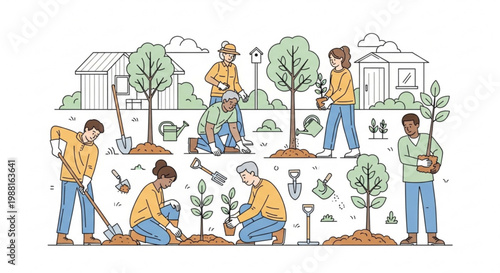 Colorful line art illustration of a diverse group of people planting young trees and gardening together to improve the environment in a community park with gardening planting community environment
