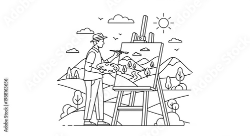 Artist painting a landscape scene on an easel outdoors with line art painting landscape illustration mountains outdoors creative activity artistic profession inspiration imagination