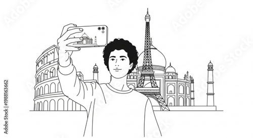 Black and white line art of a young traveler taking a selfie with a smartphone featuring world famous landmarks including the eiffel tower colosseum and taj mahal traveler smartphone landmark