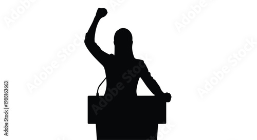 Silhouette of a Woman Leader Giving a Powerful Speech Behind a Podium with Raised Fist