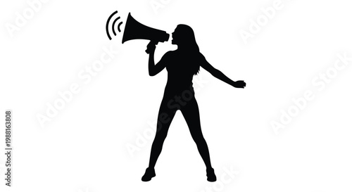 Confident woman speaking through megaphone silhouette, empowering message, activism, protest, leadership concept, loudspeaker announcement
