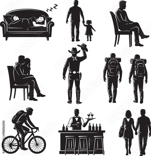 Black silhouette people icons set, human lifestyle figures collection, diverse character silhouettes for infographics and web design