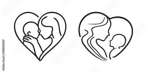 Mother and baby love line art set in heart shape minimal outline illustration