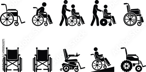 Eine Reihe von Piktogrammen, die verschiedene Arten von Rollstühlen, deren Benutzer und Hilfspersonen darstellen.