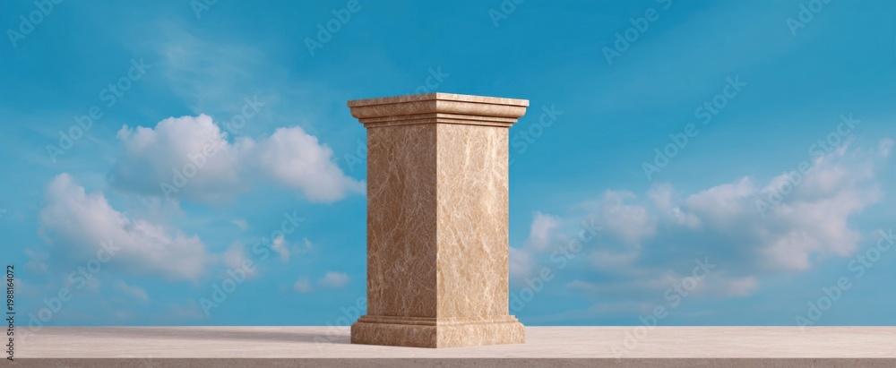 Fototapeta premium beige sandstone column pedestal under a blue sky with fluffy clouds for outdoor product showcase