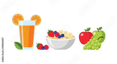 Breakfast spread with orange juice cereal bowl and fresh fruits