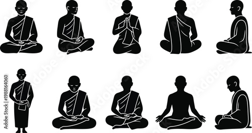 Sammlung von Silhouetten eines buddhistischen Mönchs in verschiedenen Meditations- und Gebetshaltungen.