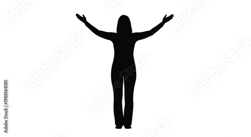 Silhouette of happy woman standing with arms raised in freedom and joy on white background, feeling carefree and empowered