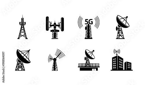 Wireless communication tower icon collection with 5G antenna satellite dish and telecom network structures grid vector