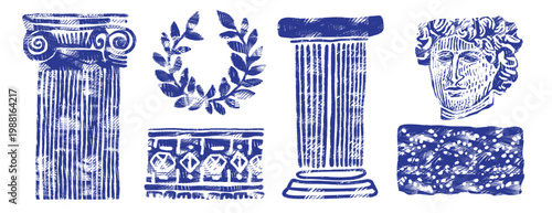 Blue Mediterranean ancient Greek set in linocut style. Ionic columns, laurel wreath, and classical sculpture head. Hand-drawn vintage woodcut illustrations for history, mythology, and travel design