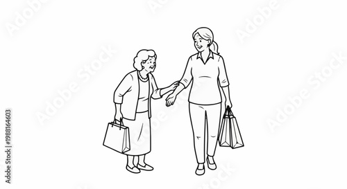 Two women, one elder, walk together carrying shopping bags