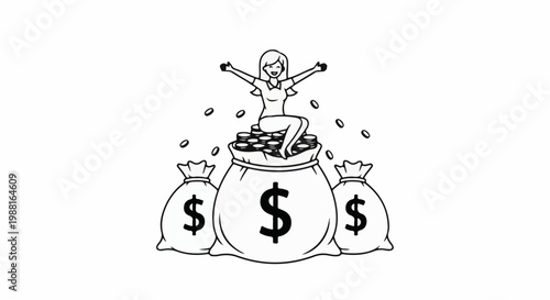 A joyful person sits atop a large pile of money bags, coins raining down