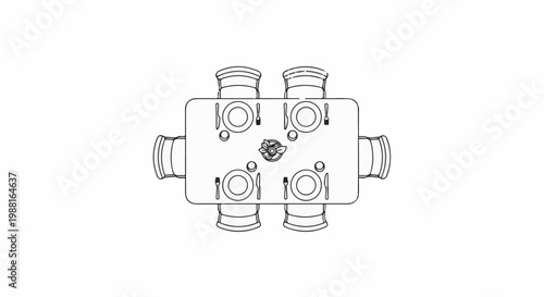 Top-down view of a set dining table with four chairs and a centerpiece