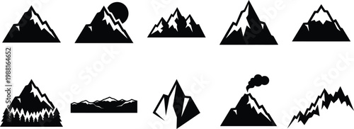 Set von zehn verschiedenen stilisierten schwarzen Bergsymbolen auf weißem Hintergrund.