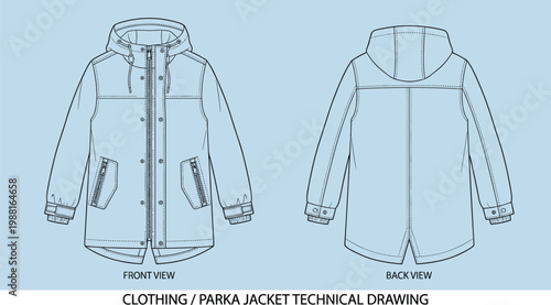 Parka jacket technical drawing with front and back views showing design details in professional fashion vector illustration