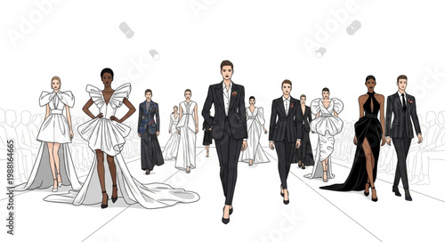 Fashion models walking on runway during a fashion show event.