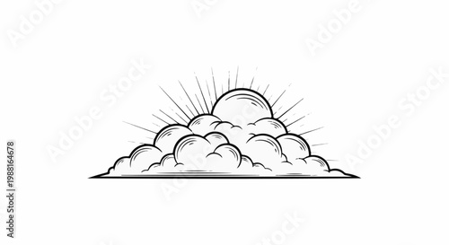 Stylized sunrise behind fluffy clouds with radiating lines