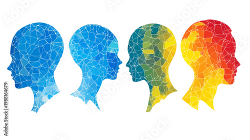 Four silhouetted human profiles, fragmented into polygonal shapes, with gradients from cool to warm