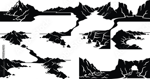 Set von grafischen Silhouetten, die felsige Küsten, Berge, Inseln und Meereslandschaften darstellen.
